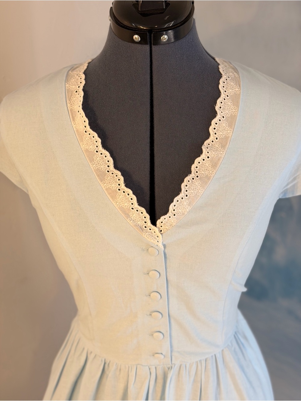 Light Blue w/ White Lace-Trim Tea Length Dress 149 - Picture 3 of 11